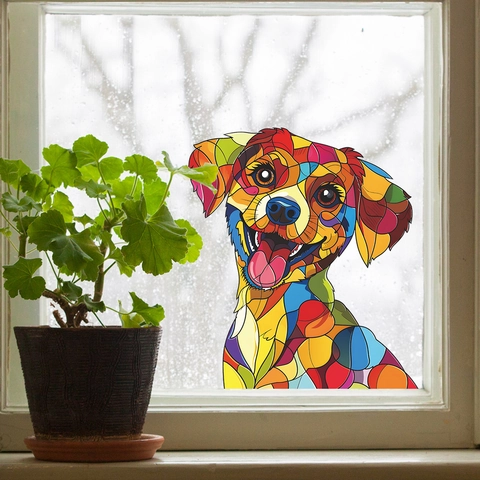 Kleurrijke Hond Venstersticker Gebrandschilderd Glas Stijl Mozaïek Huisdier Decoratieve PVC Sticker Voor Glazen Deur Huis Decoratie