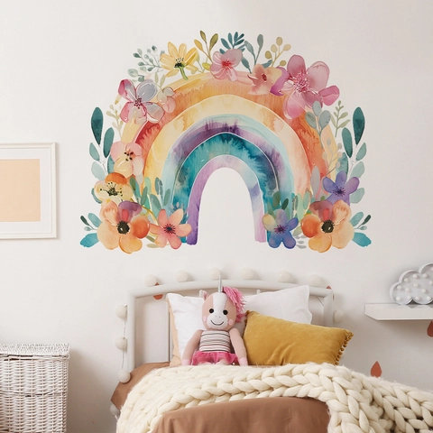 Pegatina de Pared de Arco Iris y Flores de Acuarela para Habitación de Niños Dormitorio Decoración del Hogar Calcomanías de PVC