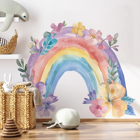 Watercolor Rainbow Floral Wall Stickers PVC Removable Rainbow Flower Leaf Decals For Kids Bedroom Nursery Home Decoration