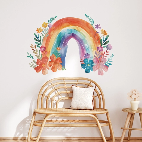 Aquarell Regenbogen Blume Blatt Wandsticker Für Kinderzimmer Babyzimmer Schlafzimmer PVC Abnehmbar Künstlerische Deko Wandbild