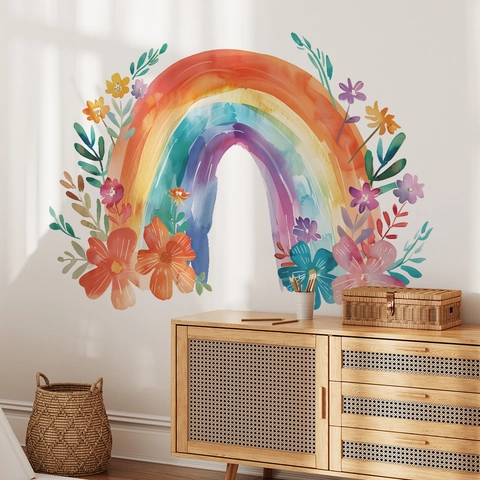 Aquarell Regenbogen Blume Blatt Wandsticker Für Kinderzimmer Babyzimmer Schlafzimmer PVC Abnehmbar Künstlerische Deko Wandbild