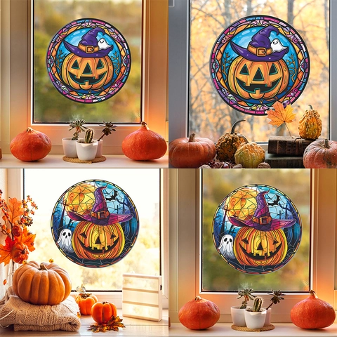 Halloween Stained Glass Style Window Clings Pumpkin Witch Hat Ghost Bat Moon Static Cling PVC Stickers For Home Decoration