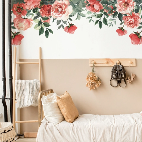 Vinilos de Pared de Flores de Rosa Peonía Acuarela PVC Impermeable Autoadhesivo Mural Floral para Dormitorio Sala de Estar Hogar