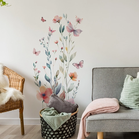 Pegatinas de Pared de Mariposa Floral Acuarela PVC Autoadhesivas Calcomanías de Flores para Dormitorio Sala de Estar Fondo Arte de Pared