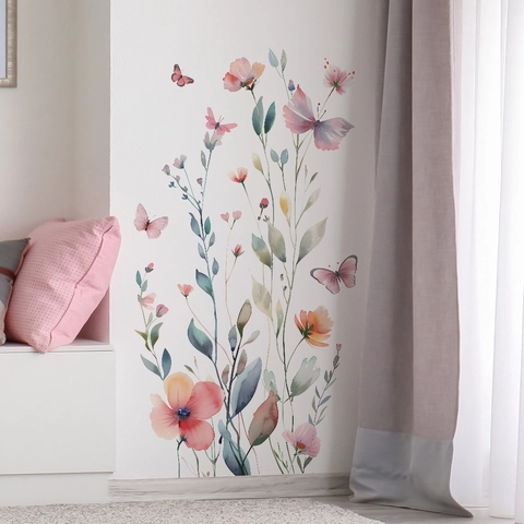 Pegatinas de Pared de Mariposa Floral Acuarela PVC Autoadhesivas Calcomanías de Flores para Dormitorio Sala de Estar Fondo Arte de Pared