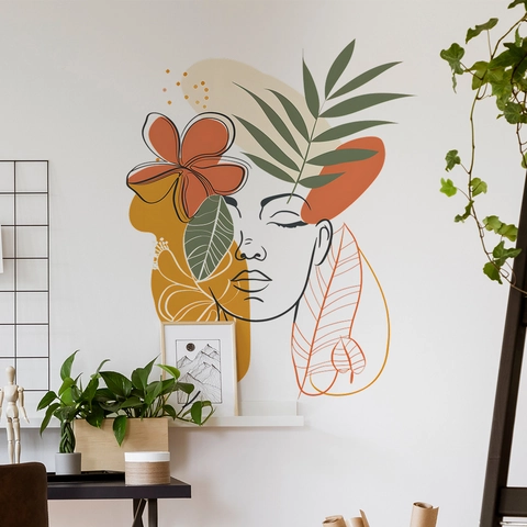 Pegatinas de Pared de Arte de Línea Abstracta Boho Cara Femenina Con Patrón de Flores de Hojas Tropicales Calcomanías de Pared de PVC