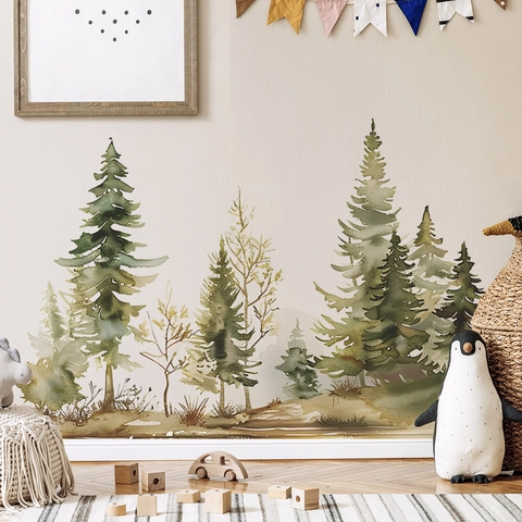 Adesivi Murali Pino della Foresta Acquerello PVC Autoadesivi Stile Nordico Bosco Arredo Per Cameretta Bambini Soggiorno