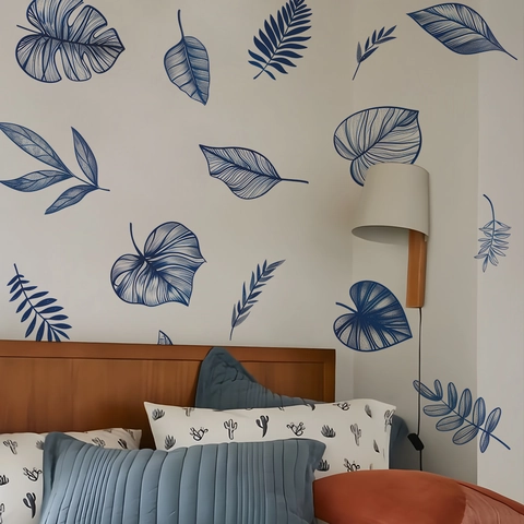 Adesivi Murali in PVC Con Foglie di Piante Tropicali Blu per Soggiorno Camera da Letto Decalcomanie Murali Artistiche Minimaliste
