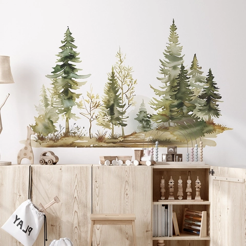 Adesivi Murali Pino della Foresta Acquerello PVC Autoadesivi Stile Nordico Bosco Arredo Per Cameretta Bambini Soggiorno
