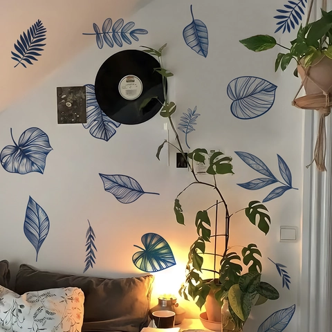 Adesivi Murali in PVC Con Foglie di Piante Tropicali Blu per Soggiorno Camera da Letto Decalcomanie Murali Artistiche Minimaliste