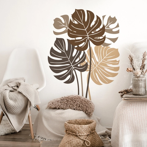Calcomanías de Pared Minimalistas de Hojas de Monstera Tonos Tierra PVC Arte Botánico para Sala de Estar Dormitorio