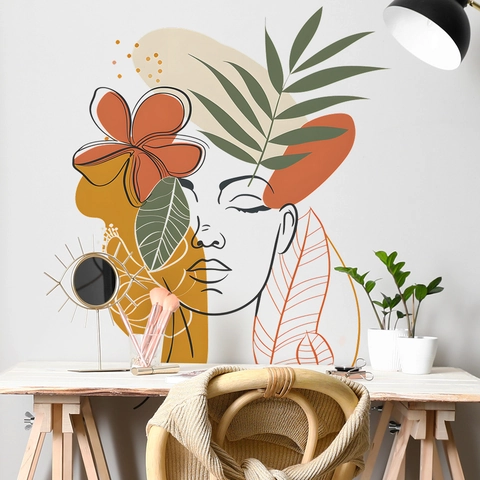 Pegatinas de Pared de Arte de Línea Abstracta Boho Cara Femenina Con Patrón de Flores de Hojas Tropicales Calcomanías de Pared de PVC