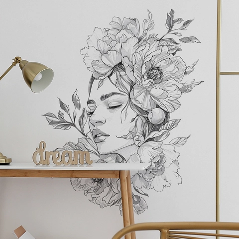 Modern Minimalist Black White Sketch Beauty Flower Wall Sticker PVC Decorative Art Decal Line Art Woman Face Peony Home Decor