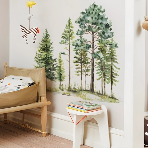 Pegatinas de Pared de Bosque de Pinos en Acuarela PVC Calcomanías de Paisaje Artístico para Sala de Estar Dormitorio Oficina