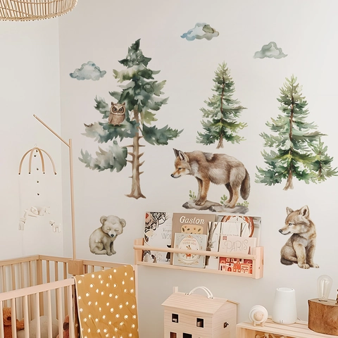 Watercolor Forest Animals Pine Tree Wolf Owl Bear Wall Stickers PVC Removable Decals For Nursery Kids Bedroom Decor