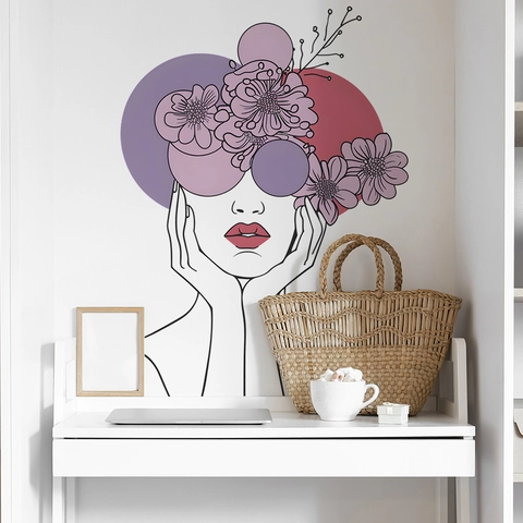 Moderno Adesivo da Parete in PVC Line Art Viso Donna Fiore Viola Decorazione Artistica per Camera da Letto Soggiorno