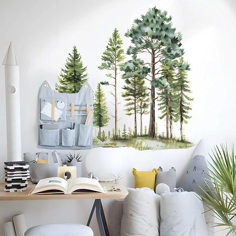 Pegatinas de Pared de Bosque de Pinos en Acuarela PVC Calcomanías de Paisaje Artístico para Sala de Estar Dormitorio Oficina