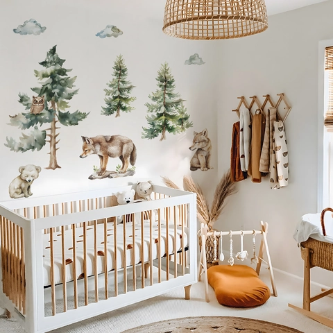 Watercolor Forest Animals Pine Tree Wolf Owl Bear Wall Stickers PVC Removable Decals For Nursery Kids Bedroom Decor