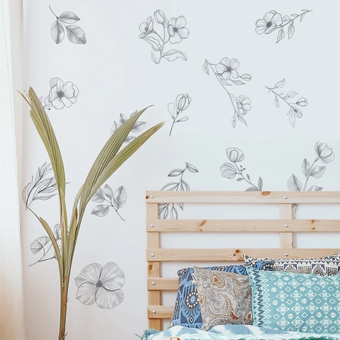 Black White Sketch Floral Leaves Wall Stickers DIY Minimalist PVC Art Decals For Bedroom Living Room Home Decoration