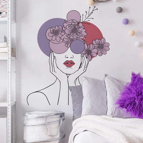 Moderno Adesivo da Parete in PVC Line Art Viso Donna Fiore Viola Decorazione Artistica per Camera da Letto Soggiorno