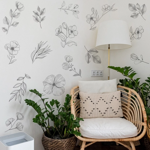 Black White Sketch Floral Leaves Wall Stickers DIY Minimalist PVC Art Decals For Bedroom Living Room Home Decoration