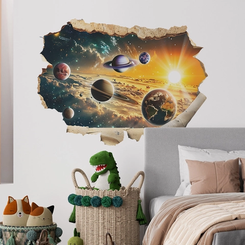 3D Kreatives Weltraum Planeten Wandtattoo Kosmische Galaxie Broken Wall Effekt PVC Dekoratives Abziehbild Für Wohnzimmer