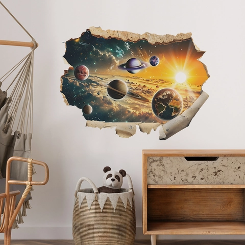 3D Kreatives Weltraum Planeten Wandtattoo Kosmische Galaxie Broken Wall Effekt PVC Dekoratives Abziehbild Für Wohnzimmer