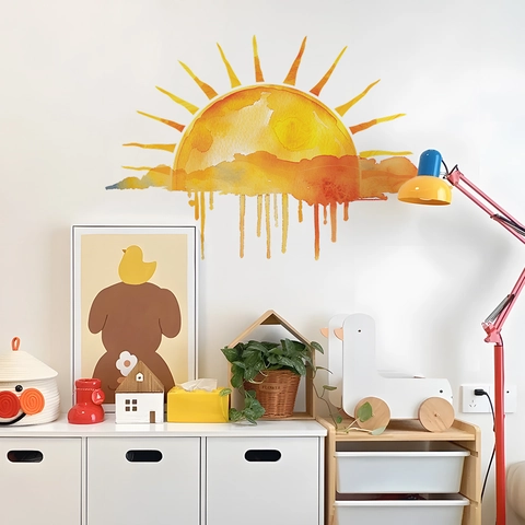 Adesivo da Parete in PVC Sole Nuvola Acquerello Impermeabile Rimovibile Decorativo per Camera dei Bambini Soggiorno Casa