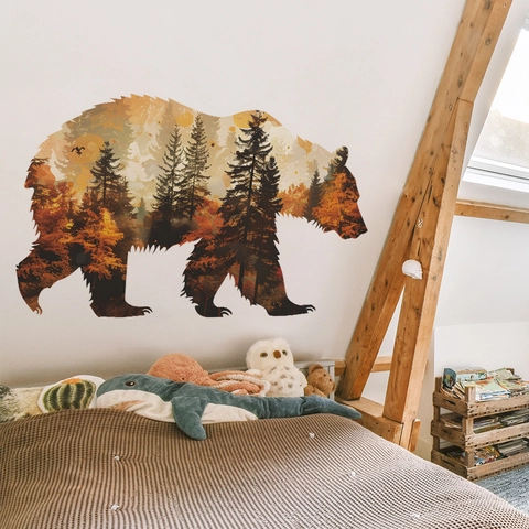 Woodland Forest Bear Silhouette Wall Stickers PVC Removable Autumn Landscape Decals For Kids Bedroom Nursery Living Room Home Decor