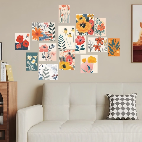 Style Ins Stickers Muraux Fleurs et Feuilles Peints à la Main PVC Imperméable Décoratifs pour Chambre et Bureau Maison