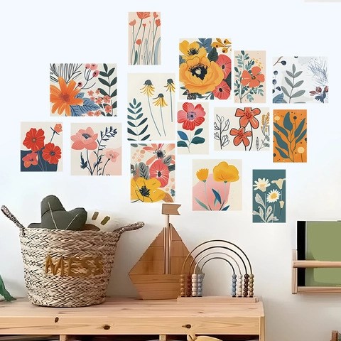 Style Ins Stickers Muraux Fleurs et Feuilles Peints à la Main PVC Imperméable Décoratifs pour Chambre et Bureau Maison