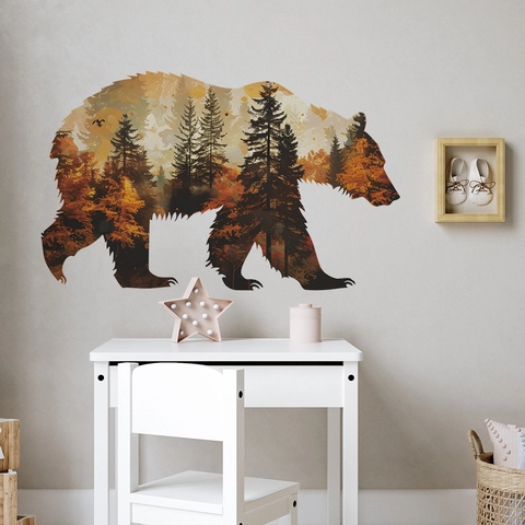 Woodland Forest Bear Silhouette Wall Stickers PVC Removable Autumn Landscape Decals For Kids Bedroom Nursery Living Room Home Decor