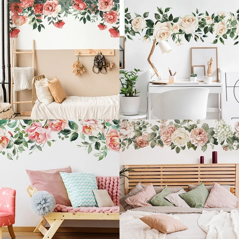 Vinilos de Pared de Flores de Rosa Peonía Acuarela PVC Impermeable Autoadhesivo Mural Floral para Dormitorio Sala de Estar Hogar