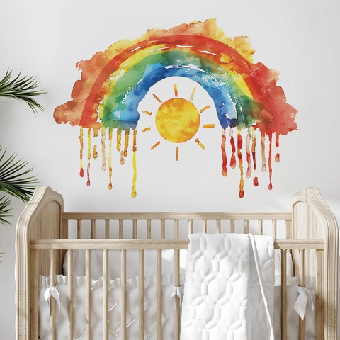 Pegatinas de Pared de Acuarela Arcoíris Sol PVC Autoadhesivas Calcomanías Decorativas Para Guardería Dormitorio Hogar Arte