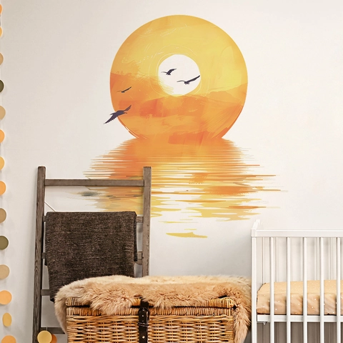 Modern Minimalist Seaside Sunset Seagull PVC Wall Sticker Sunset Water Reflection Decorative Wall Decal For Living Room Bedroom