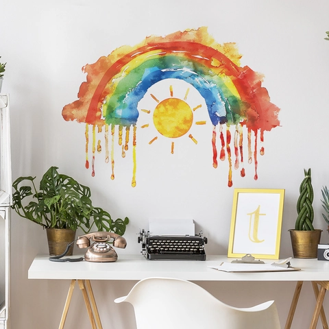 Pegatinas de Pared de Acuarela Arcoíris Sol PVC Autoadhesivas Calcomanías Decorativas Para Guardería Dormitorio Hogar Arte