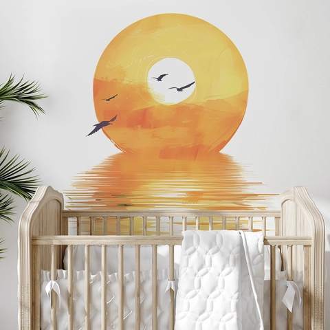 Modern Minimalist Seaside Sunset Seagull PVC Wall Sticker Sunset Water Reflection Decorative Wall Decal For Living Room Bedroom