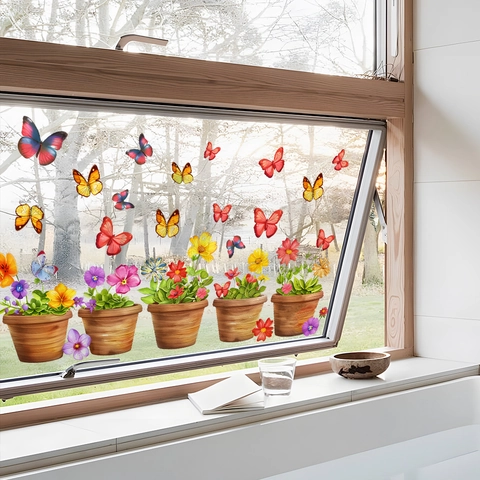 Watercolor Potted Plant Butterfly Window Stickers PVC Self Adhesive Flower Glass Decals For Home Kitchen Bedroom Decor
