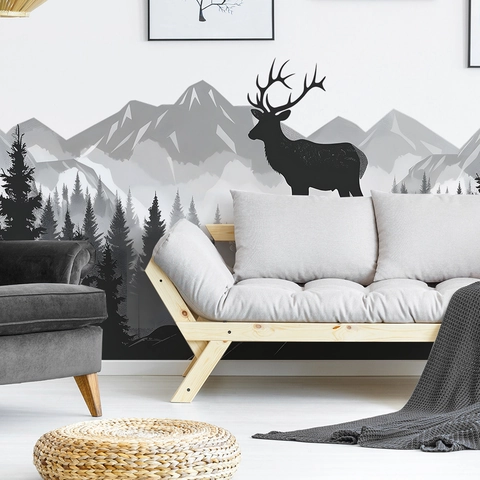 Nordic Minimalist Forest Mountain Deer PVC Muurstickers Modern Zwart Wit Grijs Landschap Decals Voor Huis Kantoor Decor