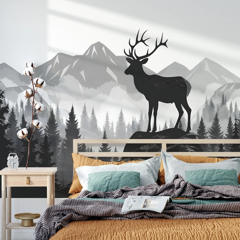 Nordic Minimalist Forest Mountain Deer PVC Muurstickers Modern Zwart Wit Grijs Landschap Decals Voor Huis Kantoor Decor