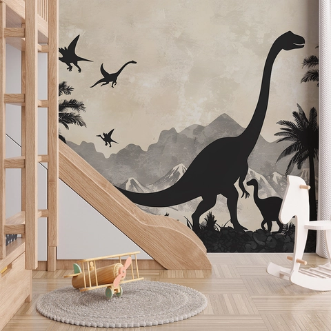 Adesivi da Parete Silhouette Foresta Dinosauri Cartone Animato Stile Nordico Palma Tropicale Montagna PVC Murale per Cameretta Bambini