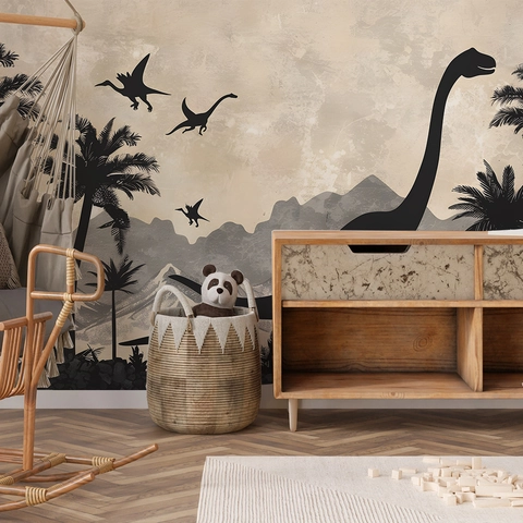 Adesivi da Parete Silhouette Foresta Dinosauri Cartone Animato Stile Nordico Palma Tropicale Montagna PVC Murale per Cameretta Bambini