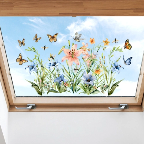 Aquarell Blumen Schmetterling Wandaufkleber PVC Selbstklebend Abnehmbar Fensterbilder Deko Für Wohnzimmer Schlafzimmer