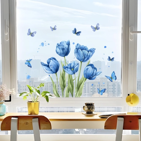 Adesivi per Finestre con Tulipani Blu e Farfalle in PVC Acquerello Floreale Decalcomanie per Vetro per Soggiorno Camera da Letto Decorazione Casa