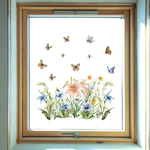 Aquarell Blumen Schmetterling Wandaufkleber PVC Selbstklebend Abnehmbar Fensterbilder Deko Für Wohnzimmer Schlafzimmer