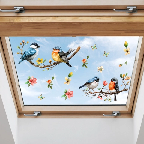 Uccelli Dipinti ad Acquerello Sui Rami Adesivi per Finestre PVC Removibili Floreali Fiori Farfalle Decalcomanie da Parete Vetro Casa