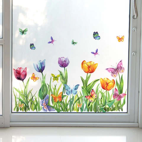 Aquarell Tulpe Schmetterling Fensteraufkleber Statische Glasfolie PVC Dekorative Blumenaufkleber Für Schlafzimmer Badezimmer Glastür