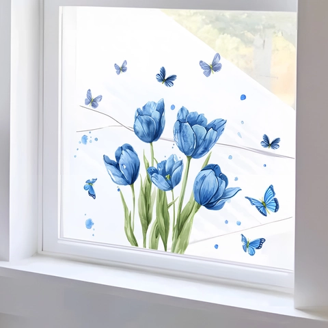 Adesivi per Finestre con Tulipani Blu e Farfalle in PVC Acquerello Floreale Decalcomanie per Vetro per Soggiorno Camera da Letto Decorazione Casa