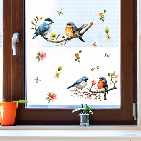 Uccelli Dipinti ad Acquerello Sui Rami Adesivi per Finestre PVC Removibili Floreali Fiori Farfalle Decalcomanie da Parete Vetro Casa