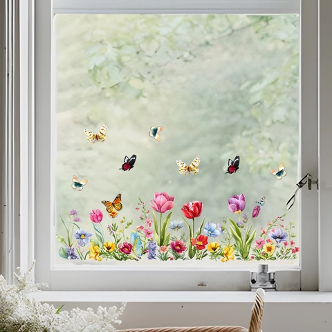 Adesivi per Finestre con Tulipani e Farfalle ad Acquerello in PVC Decalcomania da Parete Floreale per Camera da Letto Casa